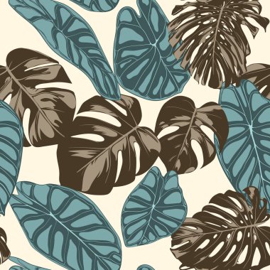 Tropikal yaprak. Monstera ve Alocasia elle çizilmiş yaprakları ile Seamless modeli. Tekstil, kumaş için egzotik uyum. Vektör sorunsuz arka plan tropik bitkiler ile. Orman bitki örtüsü. Suluboya efekti.