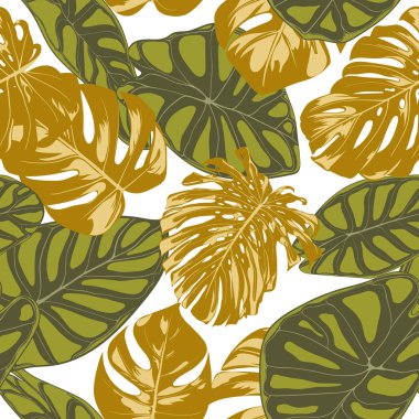 Sorunsuz elle çizilmiş botanik egzotik desenle bitkiyi ve Alocasia bırakır. Vektör orman bitki örtüsü suluboya tarzında. Tekstil, kumaş, kumaş, kağıt için sorunsuz Tropic yaprak arka plan.