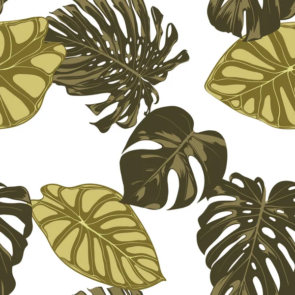 Tropiska löv. Seamless mönster med handritad blad Monstera och Alocasia. Exotiska Rapport för textil, tyg. Vector sömlös bakgrund med tropiska växter. Djungel bladverk. Vattenfärgseffekt. — Stock vektor