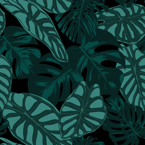 Vector Tropic naadloze patroon. Philodendron en Alocasia bladeren. Hand Drawn Jungle gebladerte in aquarel stijl. Exotische achtergrond. Naadloze Tropic blad voor doek, stof, textiel, decoratie, papier. — Stockvector