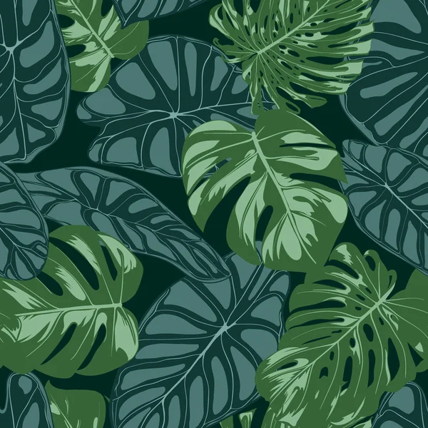 Vector Tropic Seamless Pattern (en inglés). Philodendron and Alocasia Leaves (en inglés). Follaje de selva dibujado a mano en estilo acuarela. Fondo exótico. Hoja tropical inconsútil para textiles, telas, telas, decoración, papel . — Vector de stock