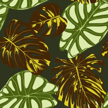 Tropik bitkiler ile Seamless egzotik modeli. Vektör arka plan el çizmek Monstera Palm ile bırakır. Parlak Rapport kumaş, tekstil tasarımı için. Orman bitki örtüsü. Alocasia ile Dikişsiz tropikal desen.