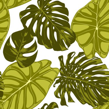 Tropikal yaprak. Monstera ve Alocasia elle çizilmiş yaprakları ile Seamless modeli. Tekstil, kumaş için egzotik uyum. Vektör sorunsuz arka plan tropik bitkiler ile. Orman bitki örtüsü. Suluboya efekti.