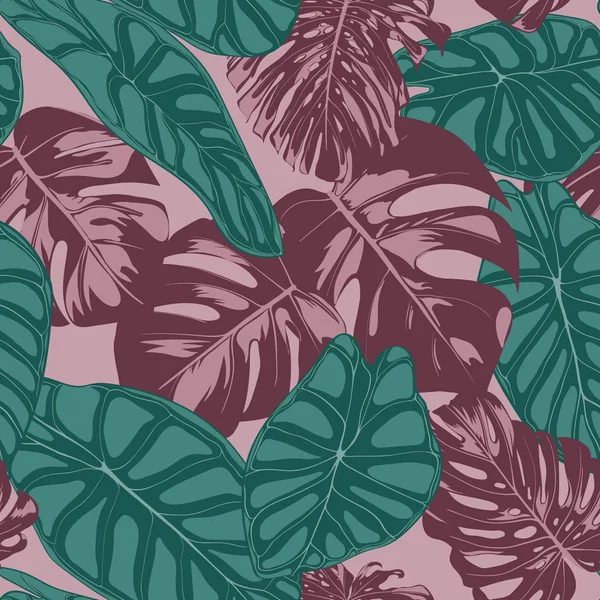 Vector Tropic Seamless Pattern. Philodendron et Alocasia partent. Feuillage de jungle dessiné à la main dans un style aquarelle. Contexte exotique. Feuille tropique sans couture pour textile, tissu, tissu, décoration, papier . — Image vectorielle