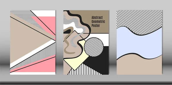 Conjunto de plantillas de cubiertas con Bauhaus y elementos geométricos gráficos. Placards Set con rayas onduladas manuscritas, triángulos y formas vectoriales abstractas. Aplicable para folletos, carteles, revistas, diseños . — Archivo Imágenes Vectoriales