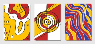 Tasarım şablonları kümesi Bauhaus tarzında kapsar. El yazısı dalgalı çizgiler ve etnik öğelerle birlikte arka. Parlak Hipster soyutlama. Vektör kapakları afiş, Poster, düzen, karşılama ekranı.