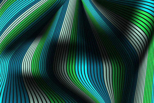 Líneas onduladas con gradiente. Fondo abstracto de moda con una superficie rayada distorsionada. Plantilla futurista con efecto de volumen y movimiento. Flujo. Abstracción 3D ondulada con rayas vectoriales distorsionadas . — Vector de stock