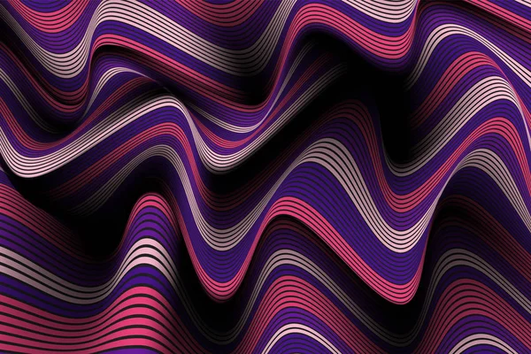 Líneas onduladas con gradiente. Fondo abstracto de moda con una superficie rayada distorsionada. Plantilla futurista con efecto de volumen y movimiento. Flujo. Abstracción 3D ondulada con rayas vectoriales distorsionadas . — Vector de stock