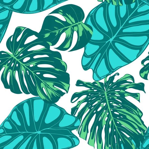 Sorunsuz vektör tropikal desen. Monstera palmiye yaprakları ve Alocasia. Suluboya etkisi ile orman yeşillik. Egzotik Hawaiian Tekstil tasarımı. Sorunsuz tropikal arka plan için kumaş, elbise, kağıt, baskı — Stok Vektör