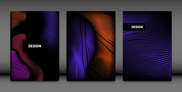 Formas de onda abstratas. Modelos de Design de Capa Set com Gradiente Vibrante e Efeito Volume em Estilo Futurista. Abstração vetorial com linhas distorcidas. Formas onduladas abstratas para capa, revista, pôster . — Vetor de Stock