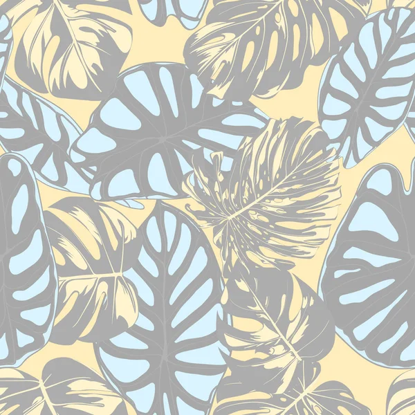 Seamless Vector Tropical Pattern in Pastel Color Design (dalam bahasa Inggris). Daun Palm Monstera dan Alocasia. Jungle Foliage dengan Efek Air. Desain kain Hawaii Eksotik. Latar Belakang Tropis Tanpa Rupa untuk Cetak - Stok Vektor