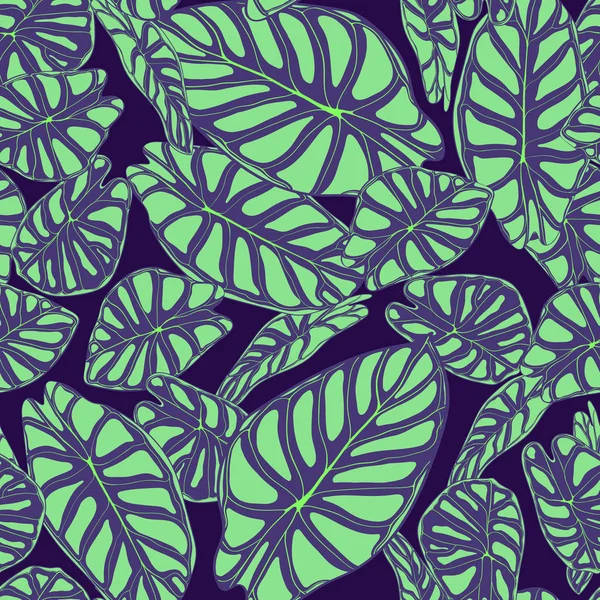 Naadloze tropische achtergrond. De bladeren van de vector van Alocasia of Philodendron in aquarel stijl. Gebladerte van Jungle planten. Exotische naadloze patroon voor doek ontwerp, stof, textiel, Decor, zeewieren, tegel. — Stockvector