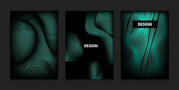 Vervorming van golvende lijnen. Turquoise abstracte achtergronden met levendige verloop. Beweging en Volume Effect. Futuristische Cover sjablonen instellen voor de presentatie, Poster, Brochure. Vervorming van de 3D-vormen. — Stockvector