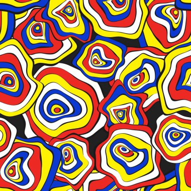 Elle çizilmiş dalgalı daireler. Etnik tarzda arka plan sorunsuz. Vektör deforme mermi ile Psychedelic desen. Dalga Dikişsiz desen kumaş, tekstil, kumaş tasarımı için. Bozulma, noktalar.