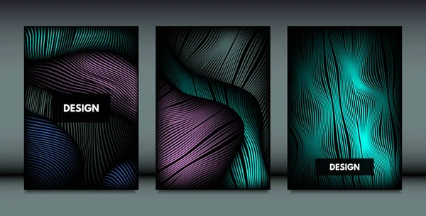 Distorção das Linhas Onduladas. Backgrounds abstratos na moda com gradiente vibrante. Movimento e Efeito Volume. Modelos de capa futurista definidos para apresentação, pôster, folheto. Distorção de formas 3d . —  Vetores de Stock