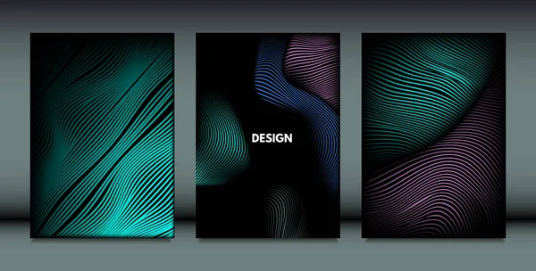 Distortion of Wavy Lines. Trendy Abstract Backgrounds with Vibrant Gradient. Movement and Volume Effect. Futuristic Cover Templates Set for Presentation, Poster, Brochure. Distortion of 3d Shapes. — Stock Vector