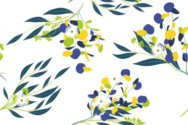 Okaliptüs vektör. Renkli Dikişsiz desen vektör yaprak, dal ve çiçek öğeleri ile. Düğün tasarım, kumaş, tekstil, zarif arka plan elbise. Okaliptüs vektör suluboya tarzında.