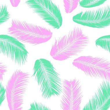 Vektör tüyler. Tropikal Dikişsiz desen egzotik orman bitkileri ile. Hindistan cevizi ağacının yaprak. Basit yaz arka plan. Resimde Eps 10. Vector Silhouettes ya da palmiye ağacı Hawaiian yaprakları tüy.