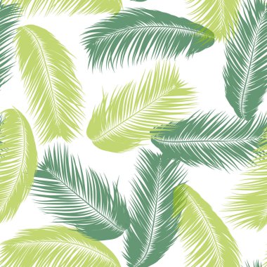 Vektör tüyler. Tropikal Dikişsiz desen egzotik orman bitkileri ile. Hindistan cevizi ağacının yaprak. Basit yaz arka plan. Resimde Eps 10. Vector Silhouettes ya da palmiye ağacı Hawaiian yaprakları tüy.