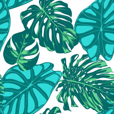 Sorunsuz vektör tropikal desen. Monstera palmiye yaprakları ve Alocasia. Suluboya etkisi ile orman yeşillik. Egzotik Hawaiian Tekstil tasarımı. Sorunsuz tropikal arka plan için kumaş, elbise, kağıt, baskı