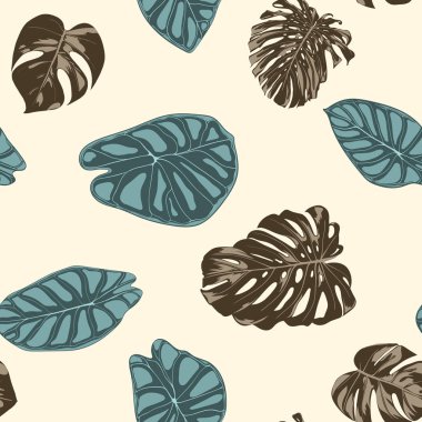 Tropikal yaprak. Monstera ve Alocasia elle çizilmiş yaprakları ile Seamless modeli. Tekstil, kumaş için egzotik uyum. Vektör sorunsuz arka plan tropik bitkiler ile. Orman bitki örtüsü. Suluboya efekti.