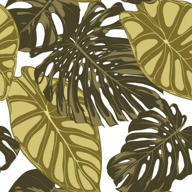 Tropikal yaprak. Monstera ve Alocasia elle çizilmiş yaprakları ile Seamless modeli. Tekstil, kumaş için egzotik uyum. Vektör sorunsuz arka plan tropik bitkiler ile. Orman bitki örtüsü. Suluboya efekti.