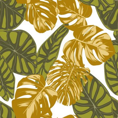 Sorunsuz elle çizilmiş botanik egzotik desenle bitkiyi ve Alocasia bırakır. Vektör orman bitki örtüsü suluboya tarzında. Tekstil, kumaş, kumaş, kağıt için sorunsuz Tropic yaprak arka plan.