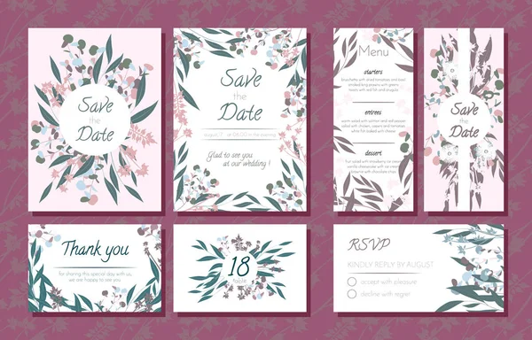 Bruiloft Card sjablonen instellen met Eucalyptus tak. Decoratieve Frames met bladeren, bloemen en kruiden Garland. Menu, Rsvp, Label, uitnodiging met de kroon van de natuur. Vector Hand getrokken bruiloft kaarten geïsoleerd. — Stockvector