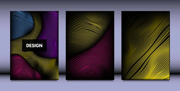 Geometry. Abstract Background Set With Movement and Volume Effect. Covers with Vibrant Gradient and Wavy Lines. Trendy Futuristic Illustration with Distort. Abstract Geometry for Brochure, Business. — Stock Vector