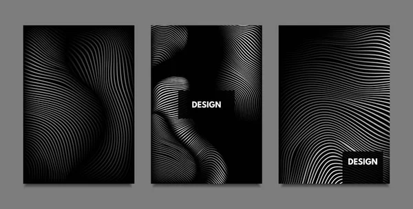 Verstoring van de lijnen. Abstracte achtergronden met levendige kleurovergang en golvende strepen. Monochroom Cover Sjablonen Set met Volume en Metallic Effect. Vervormde Shapes voor bedrijfspresentatie, Brochure. — Stockvector