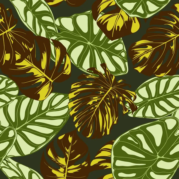 与热带植物无缝的异国风情图案。矢量背景用手画龟背竹棕榈叶。为布料, 纺织品设计明亮的和谐。丛林枝叶。无缝热带模式与海. — 图库矢量图片