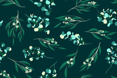Okaliptüs vektör yaprak, dal ve çiçek öğeleri ile Seamless modeli. Rustik düğün tasarım, kumaş, tekstil, zarif şirin arka plan elbise. Okaliptüs vektör yazdırma için Vintage tarzı.