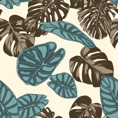 Tropikal yaprak. Monstera ve Alocasia elle çizilmiş yaprakları ile Seamless modeli. Tekstil, kumaş için egzotik uyum. Vektör sorunsuz arka plan tropik bitkiler ile. Orman bitki örtüsü. Suluboya efekti.
