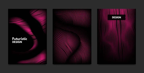 波。抽象几何。封面设计模板集3d 效果。带波浪线的充满活力的渐变。时髦的粉红色现代插图与失真。媒介波浪为小册子、企业、海报、书. — 图库矢量图片