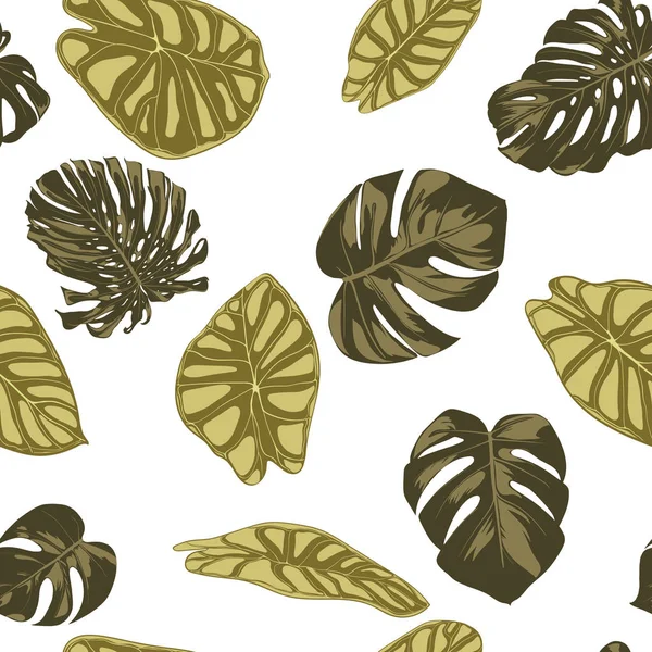 Tropical Leaves. Patrón sin costura con hojas dibujadas a mano de Monstera y Alocasia. Exotic Rapport for Textile, Tela. Fondo sin costura vectorial con plantas tropicales. Jungle Foliage. Efecto acuarela . — Vector de stock