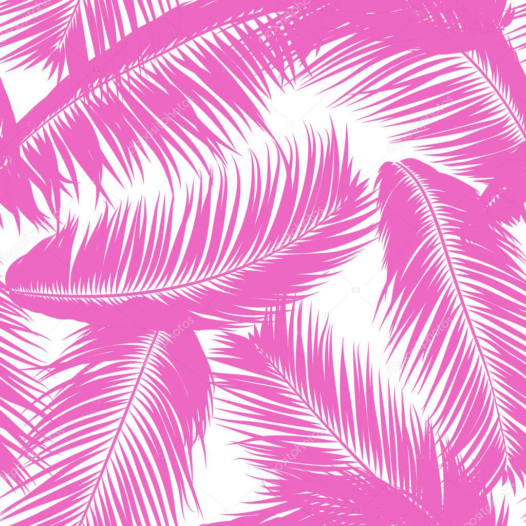 Pink Tropical Palm Tree Leaves. Vector Seamless Pattern. Simple Silhouette Coconut Leaf Sketch. Summer Floral Background. Wallpaper of Exotic Palm Tree Leaves for Textile, Fabric, Cloth Design, Tile.