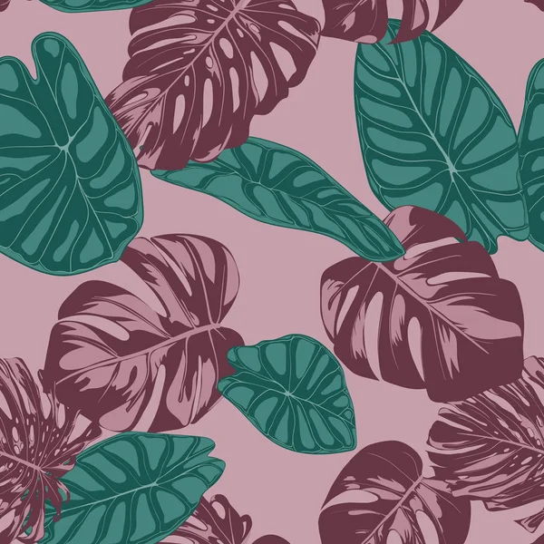 Vector Tropic Seamless Pattern. Philodendron et Alocasia partent. Feuillage de jungle dessiné à la main dans un style aquarelle. Contexte exotique. Feuille tropique sans couture pour textile, tissu, tissu, décoration, papier . — Image vectorielle