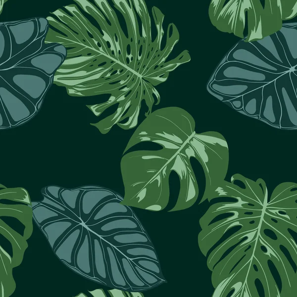 Padrão Vector Tropic Seamless. Philodendron and Alocasia Leaves. Folhagem de selva desenhada à mão em estilo aquarela. Fundo exótico. Folha Trópica Sem Costura para Têxtil, Pano, Tecido, Decorar, Papel . —  Vetores de Stock