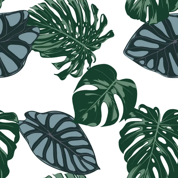 Schema Vector Tropic senza soluzione di continuità. Philodendron e Alocasia Leaves. Fogliame della giungla disegnato a mano in stile acquerello. Sfondo esotico. Foglia tropicale senza cuciture per tessuto, panno, tessuto, decorazione, carta . — Vettoriale Stock