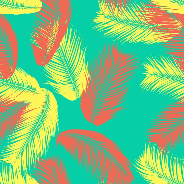 Vector fjädrar. Tropiska sömlösa mönster med exotisk djungel växter. Coconut Tree löv. Enkel sommar bakgrund. Illustration Eps 10. Vector fjädrar siluetter eller Hawaiian bladen av Palm Tree. — Stock vektor