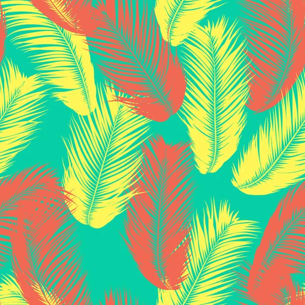 Vector fjädrar. Tropiska sömlösa mönster med exotisk djungel växter. Coconut Tree löv. Enkel sommar bakgrund. Illustration Eps 10. Vector fjädrar siluetter eller Hawaiian bladen av Palm Tree. — Stock vektor