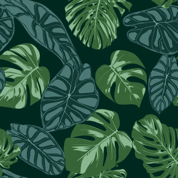 Vector Tropic naadloze patroon. Philodendron en Alocasia bladeren. Hand Drawn Jungle gebladerte in aquarel stijl. Exotische achtergrond. Naadloze Tropic blad voor doek, stof, textiel, decoratie, papier. — Stockvector