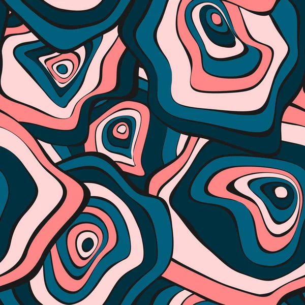 Abstracte Hand Drawn naadloze patroon met golvende kleurrijke cirkels in etnische stijl. Vector psychedelische achtergrond met misvormde rondes of vlekken. Naadloze golvenpatroon voor stof, textiel, doek ontwerp. — Stockvector
