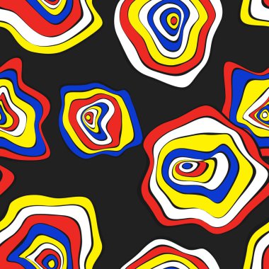 Elle çizilmiş dalgalı daireler. Etnik tarzda arka plan sorunsuz. Vektör deforme mermi ile Psychedelic desen. Dalga Dikişsiz desen kumaş, tekstil, kumaş tasarımı için. Bozulma, noktalar.