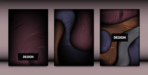 Formas onduladas abstractas con efecto 3d. Plantillas de diseño de portada con gradiente vibrante y rayas onduladas en estilo mínimo. Abstracción vectorial con líneas distorsionadas. Formas onduladas para la cubierta, folleto, libro — Vector de stock