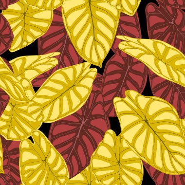 Sorunsuz tropikal arka plan. Alocasia veya Philodendron suluboya tarzında vektör yaprak. Orman bitkilerin yaprakları. Tekstil, kumaş tasarım, kumaş, dekor, sarma, karo için egzotik Seamless modeli.