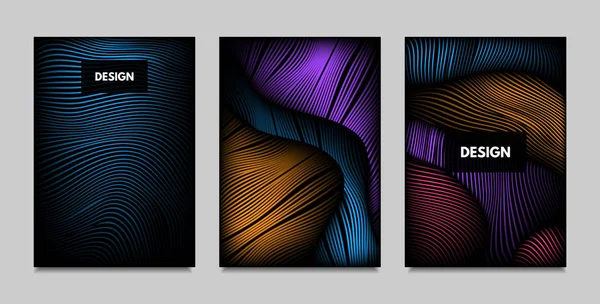 Geometria. Conjunto de fundo abstrato com movimento e efeito de volume. Capas com Gradiente Vibrante e Linhas Onduladas. Ilustração futurista na moda com Distort. Geometria abstrata para Brochura, Negócios . —  Vetores de Stock