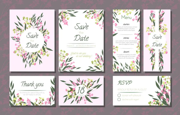 Floral Wedding Invitation with Vector Eucalyptus Leaves, Forest Herbs, Elegant Decorative Flowers. Vintage Invite, Menu, Rsvp, Thank You Label. Save the Date Card. Wedding Invitation in Pastel Colors. — Stock Vector