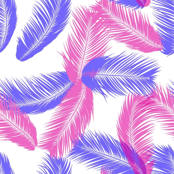 Roze tropische Palm Tree bladeren. Vector naadloze patroon. Eenvoudige silhouet kokosnoot blad schets. Zomer bloemen achtergrond. Wallpaper van exotische palmboom vertrekt voor textiel, weefsel, doek ontwerp, tegel. — Stockvector