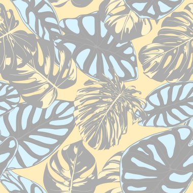 Sorunsuz vektör Pastel renk tasarlamak tropikal desende. Monstera palmiye yaprakları ve Alocasia. Suluboya etkisi ile orman yeşillik. Egzotik Hawaiian kumaş tasarım. Sorunsuz tropikal arka plan yazdırma